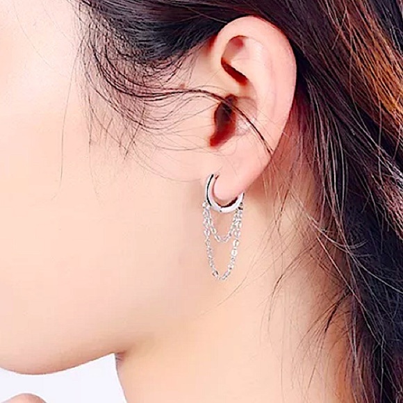 STERLING SILVER HOOP CHAIN DROP MINIMALIST EARRINGS - Picture 5 of 5